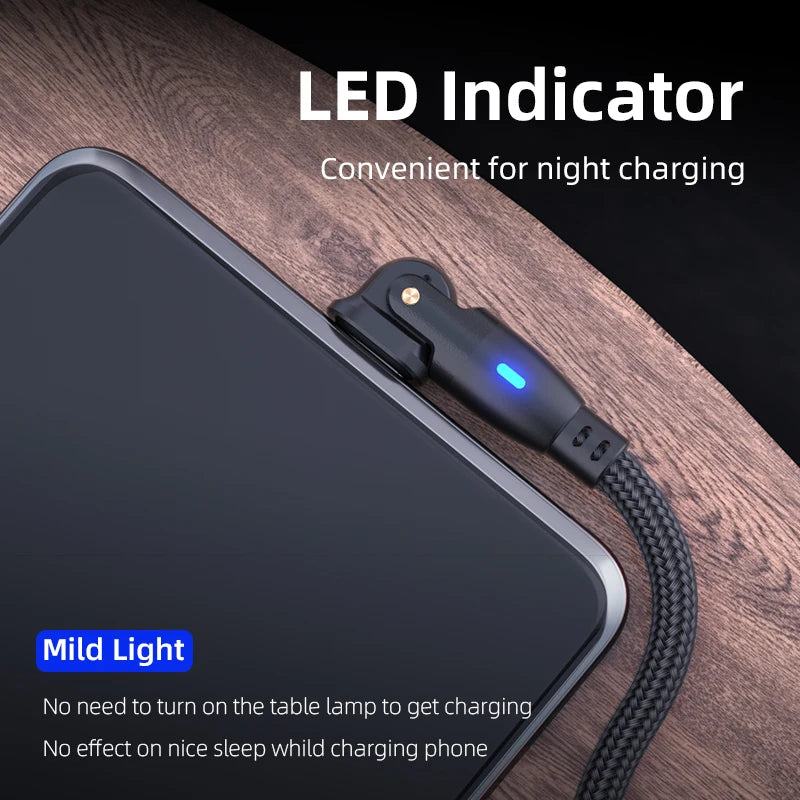 Fast-Charging 180° Rotatable 3A USB Type-C Micro USB-C Cable 180° Right-Angle for Mobile Phones Computers
