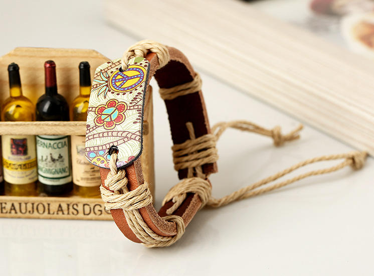 Sign of Peace Leather Bracelet – Unisex Genuine Leather Hemp Rope Braided Wrap Bangle for Men & Women