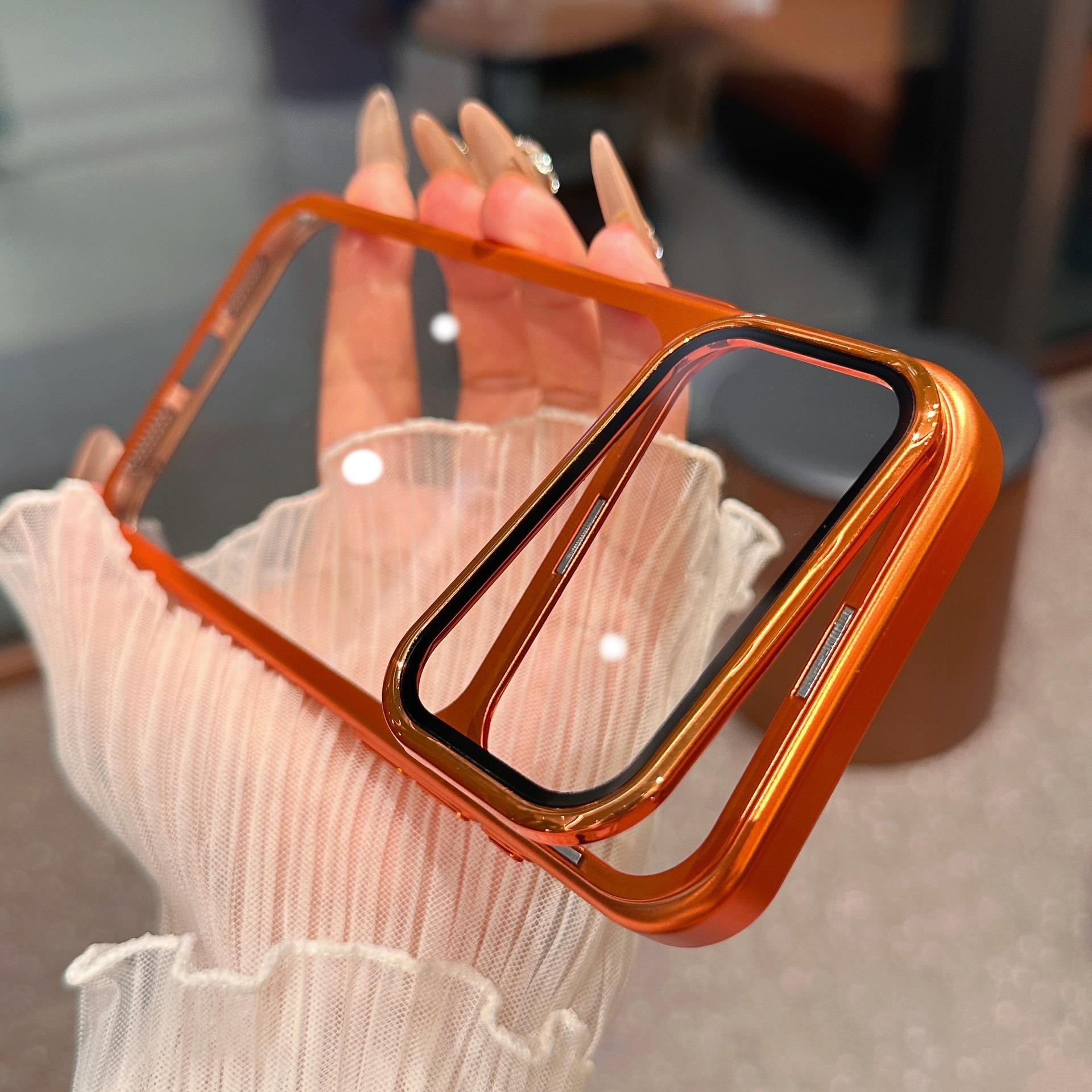 Folding Kickstand Electroplating Phone Case with Camera Frame Glass Protector for iPhone