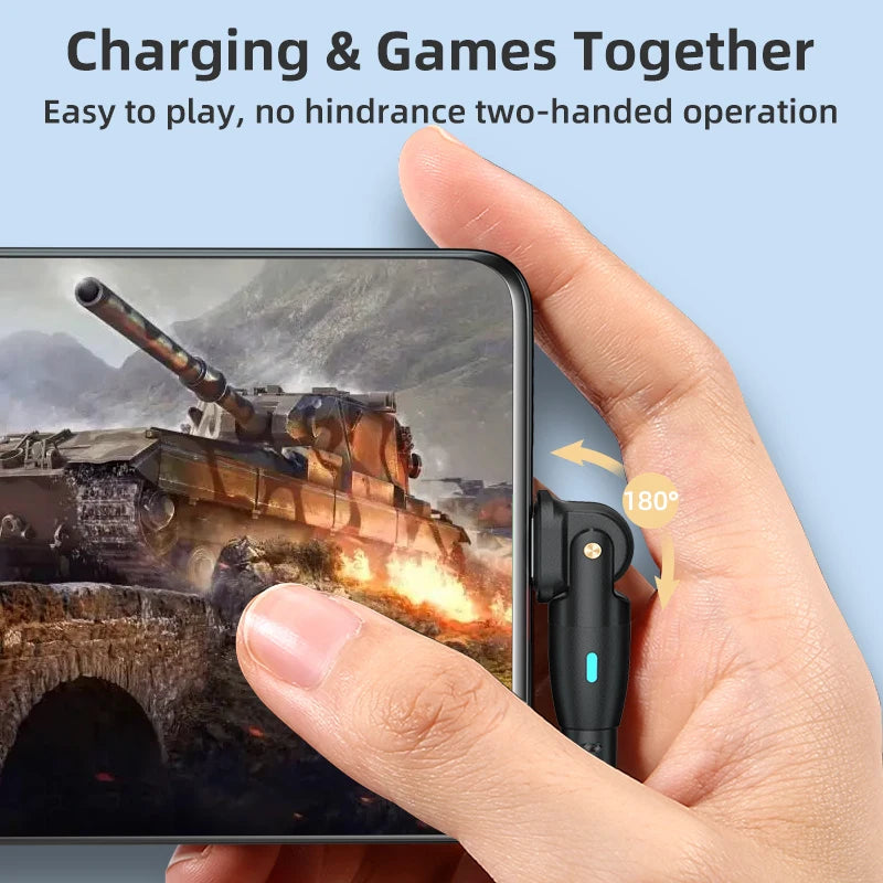 Fast-Charging 180° Rotatable 3A USB Type-C Micro USB-C Cable 180° Right-Angle for Mobile Phones Computers