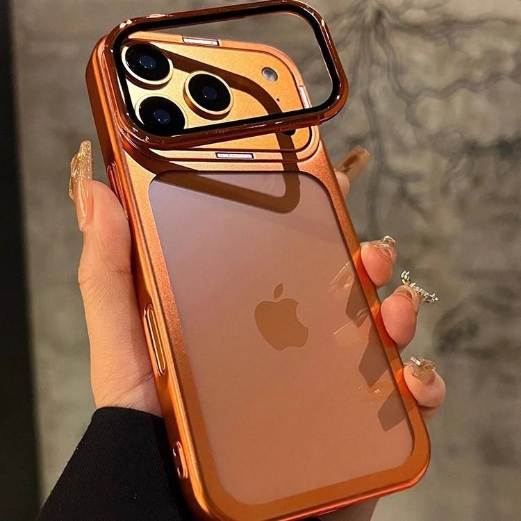 Folding Kickstand Electroplating Phone Case with Camera Frame Glass Protector for iPhone