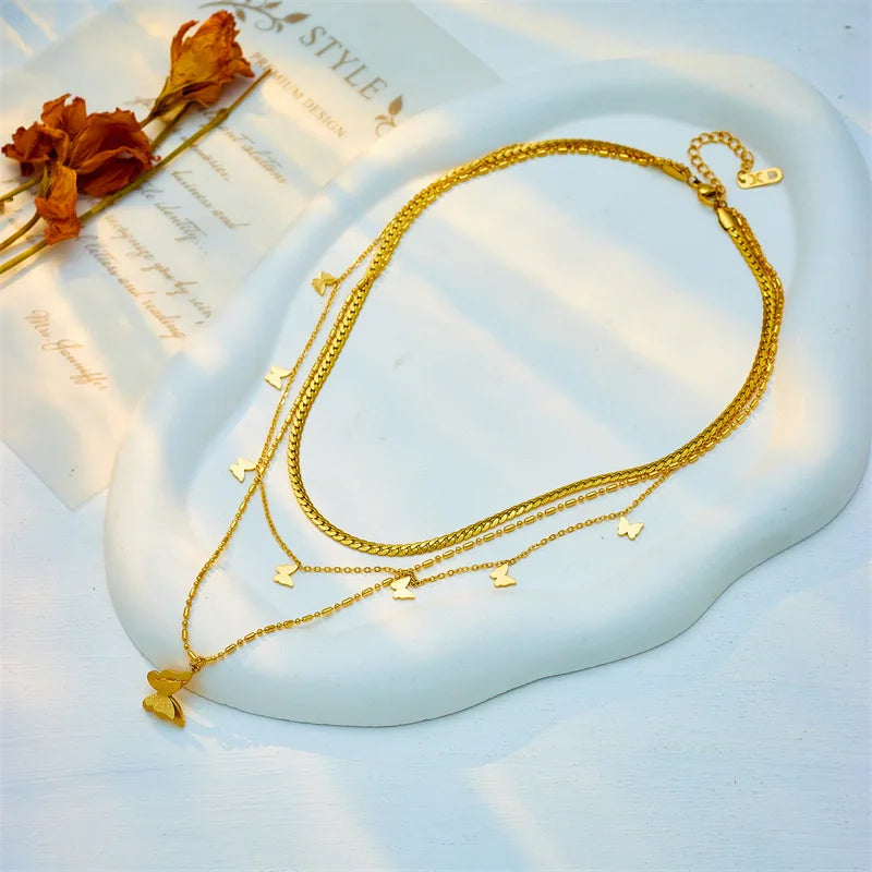 18K Gold Plated Butterfly Necklace - Multi Layer Design