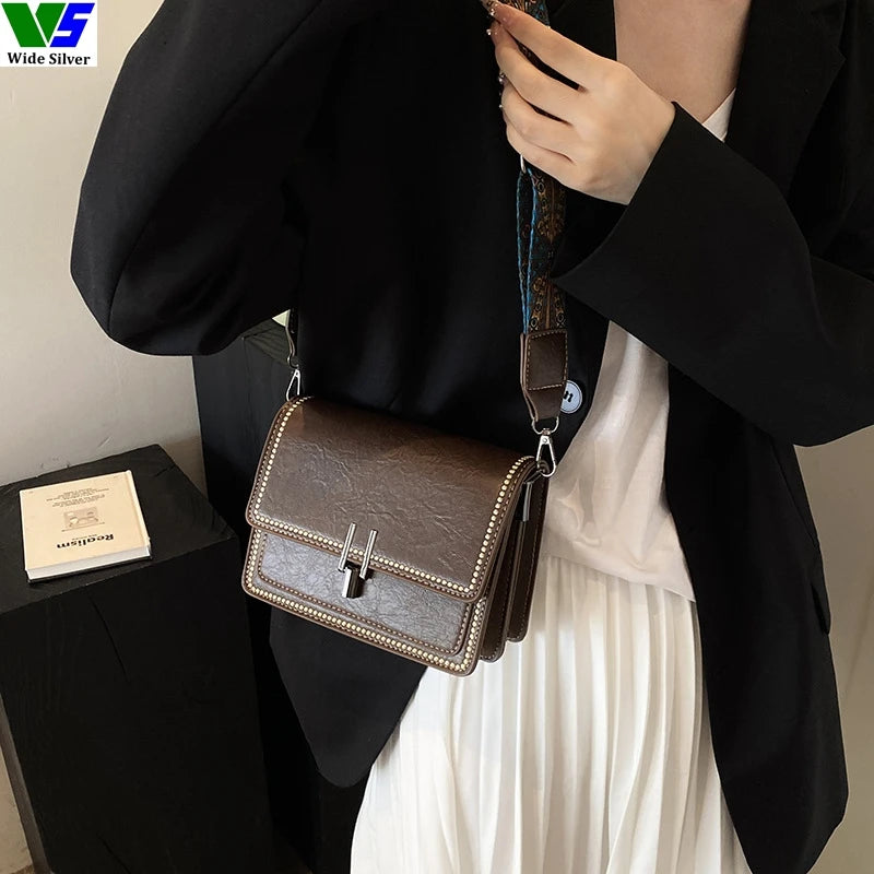 Wide Silver Vintage Women's PU Leather Messenger Bag