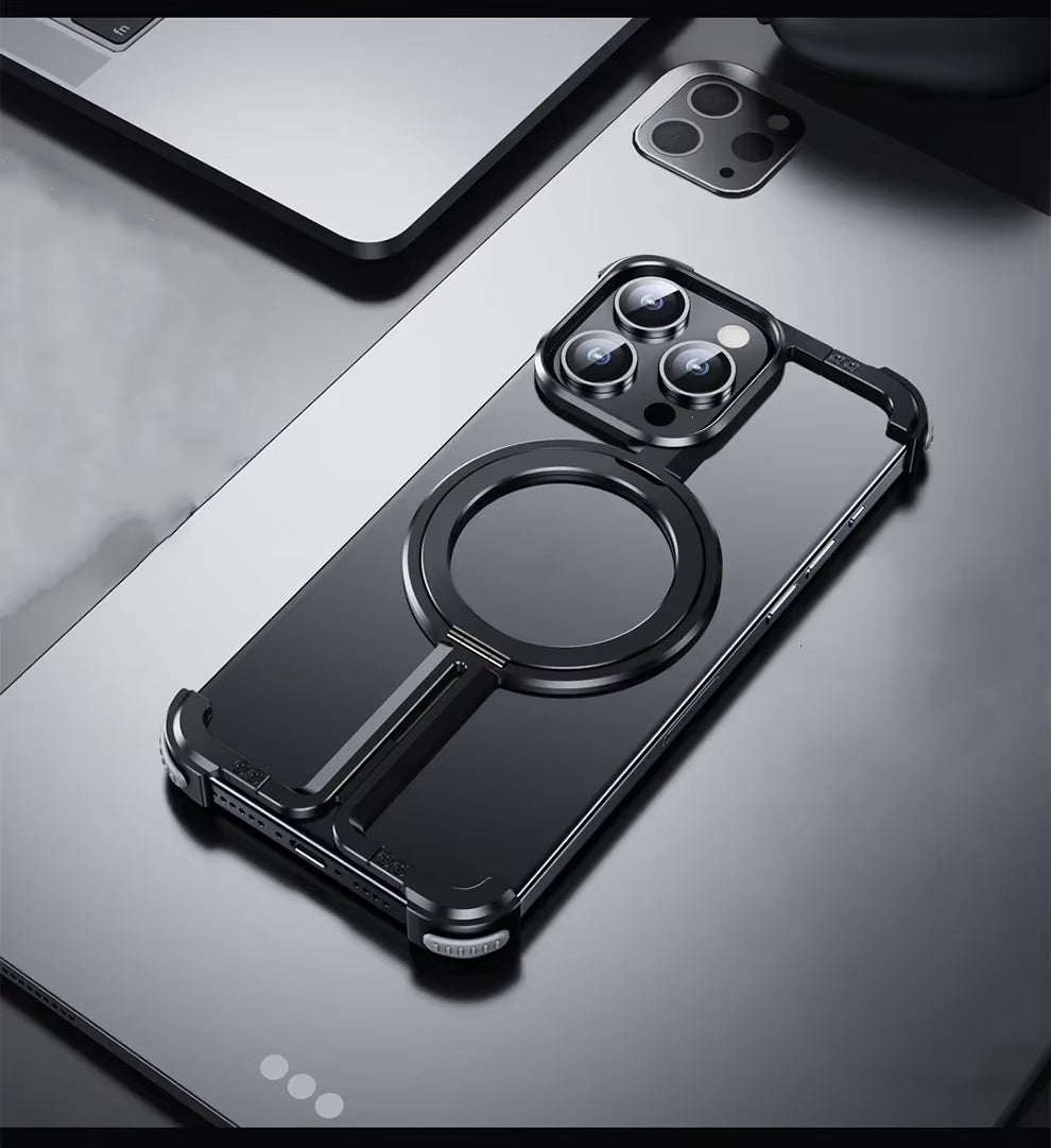Luxury Aluminum Metal Magnetic Phone Case for iPhone with Ring Stand – Frameless Bumper Shockproof Back Cover