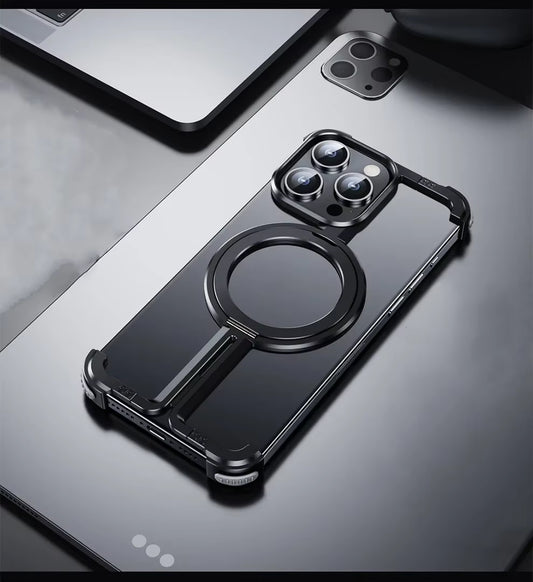 Luxury Aluminum Metal Magnetic Phone Case for iPhone with Ring Stand – Frameless Bumper Shockproof Back Cover