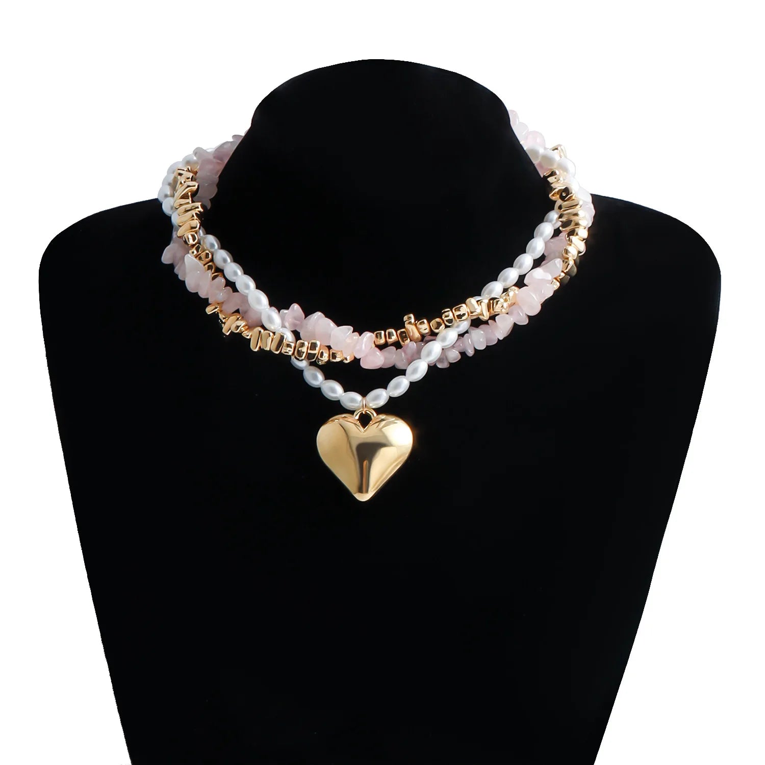 Elegant Berry Pink Pearl Heart Layered Necklace