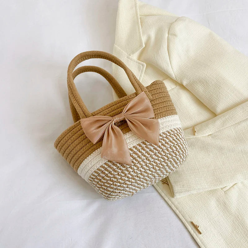 Handwoven Straw Shoulder Bag for Women Summer Beach Tote with Bow