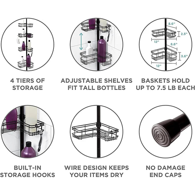 Matte Black 4-Tier Tension Pole Shower Caddy