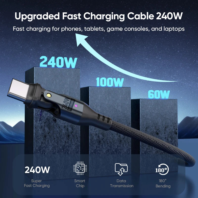 Fast Charging Type-C Cable | Pd 240w USB C to Type C Phone Laptop Quick Charger Cable 180 Bending