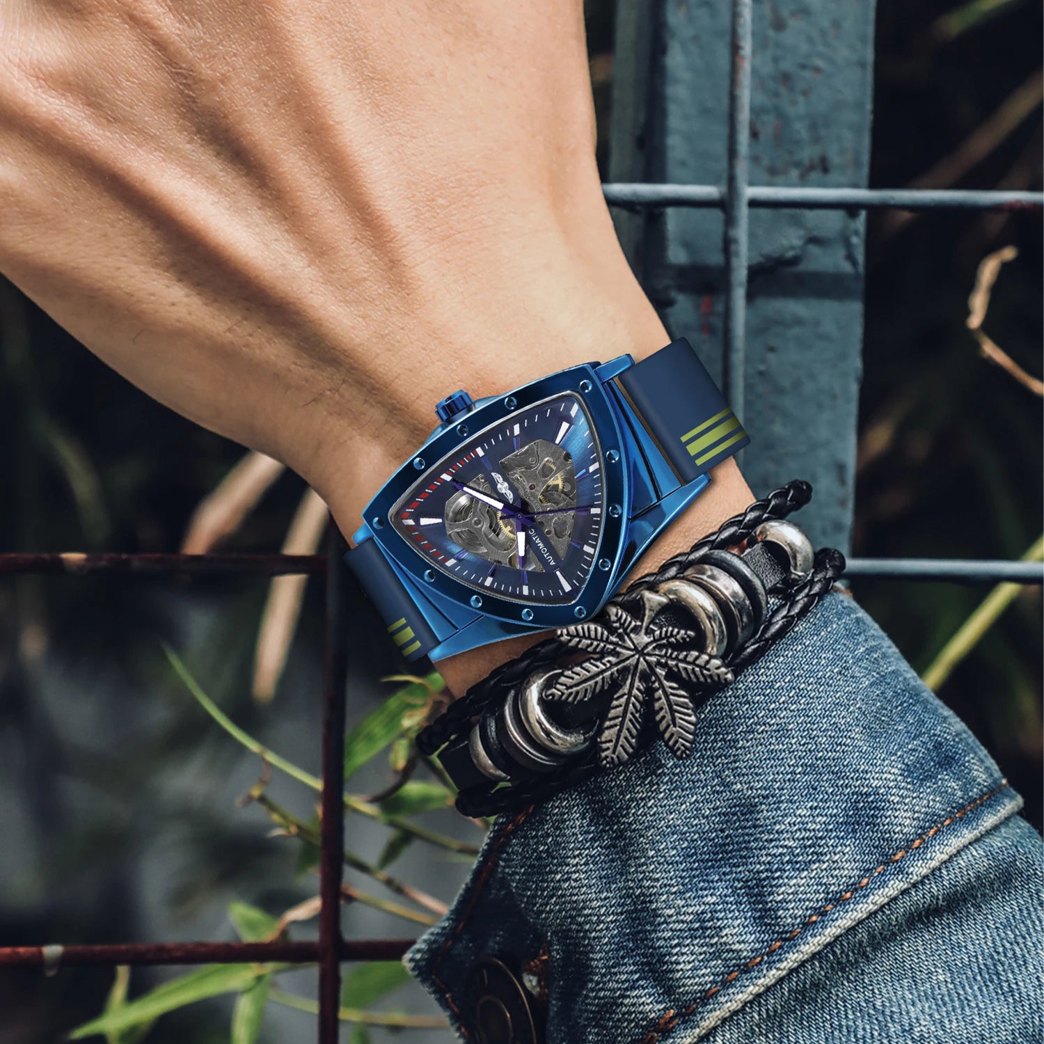 Winner Triangle Blue Skeleton Mechanical Watch