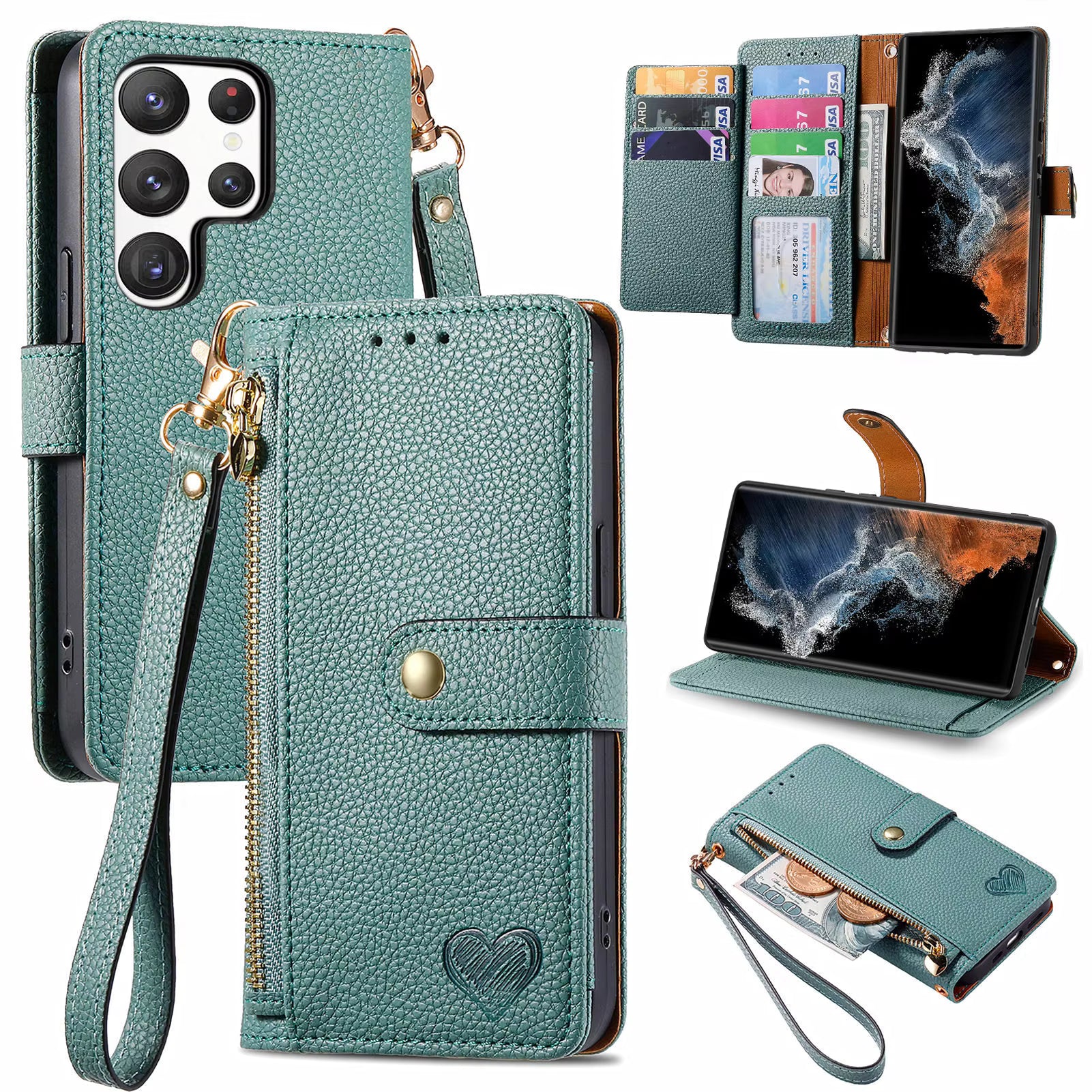Luxury Heart Design Flip Leather Wallet Case for Girls – Card Holder & Book Style Cover for Mobile Phone