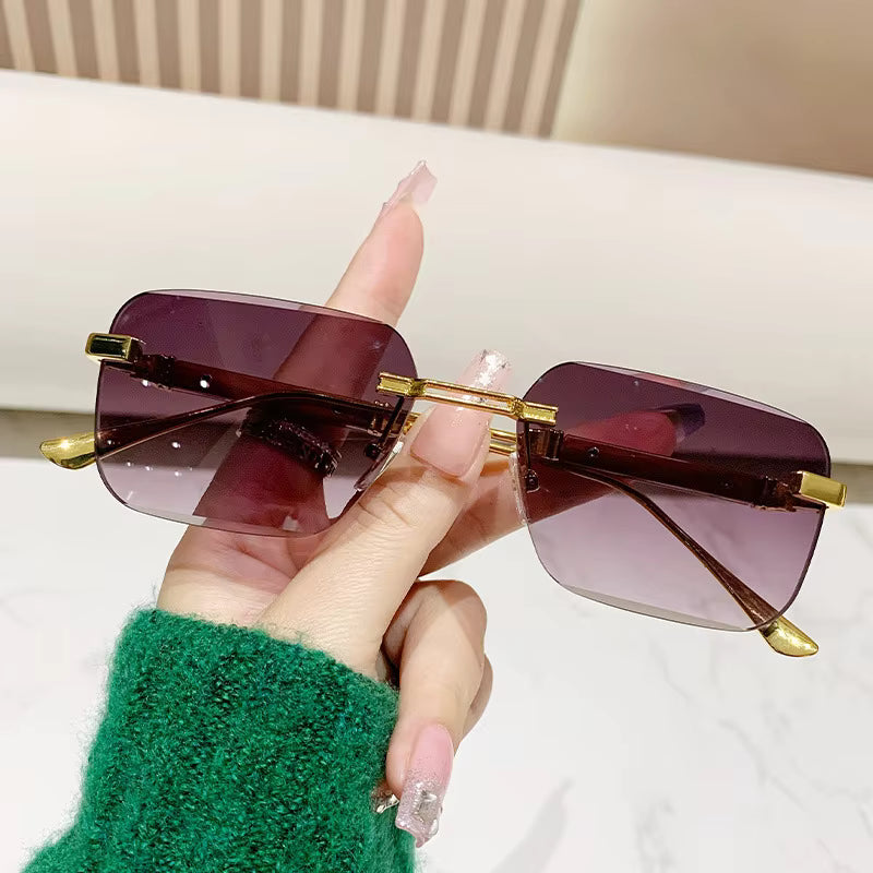 Wood Grain Temple Metal Rimless Sunglasses
