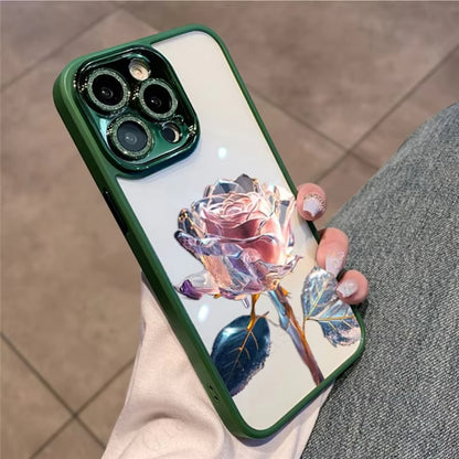 Glitter Diamond Glass Lens Protector Dream Rose Transparent PC Case for iPhone