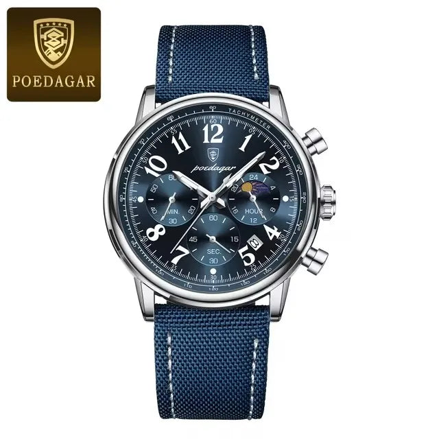 Luxury Silver Blue Quartz Chronograph Watch for Men