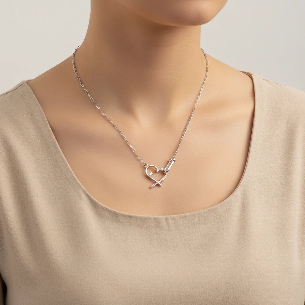 Zircon Heart Horseshoe Necklace - Sterling Silver