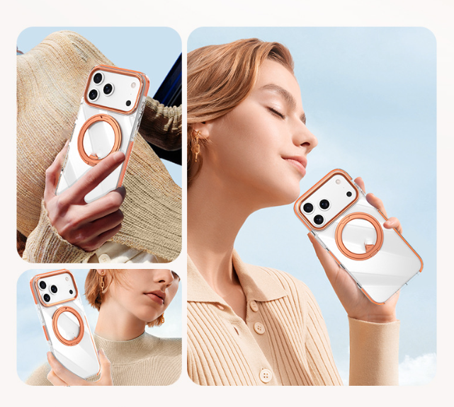 Clear Shockproof Wireless Charging Case with 360° Rotating Ring Stand for iPhone