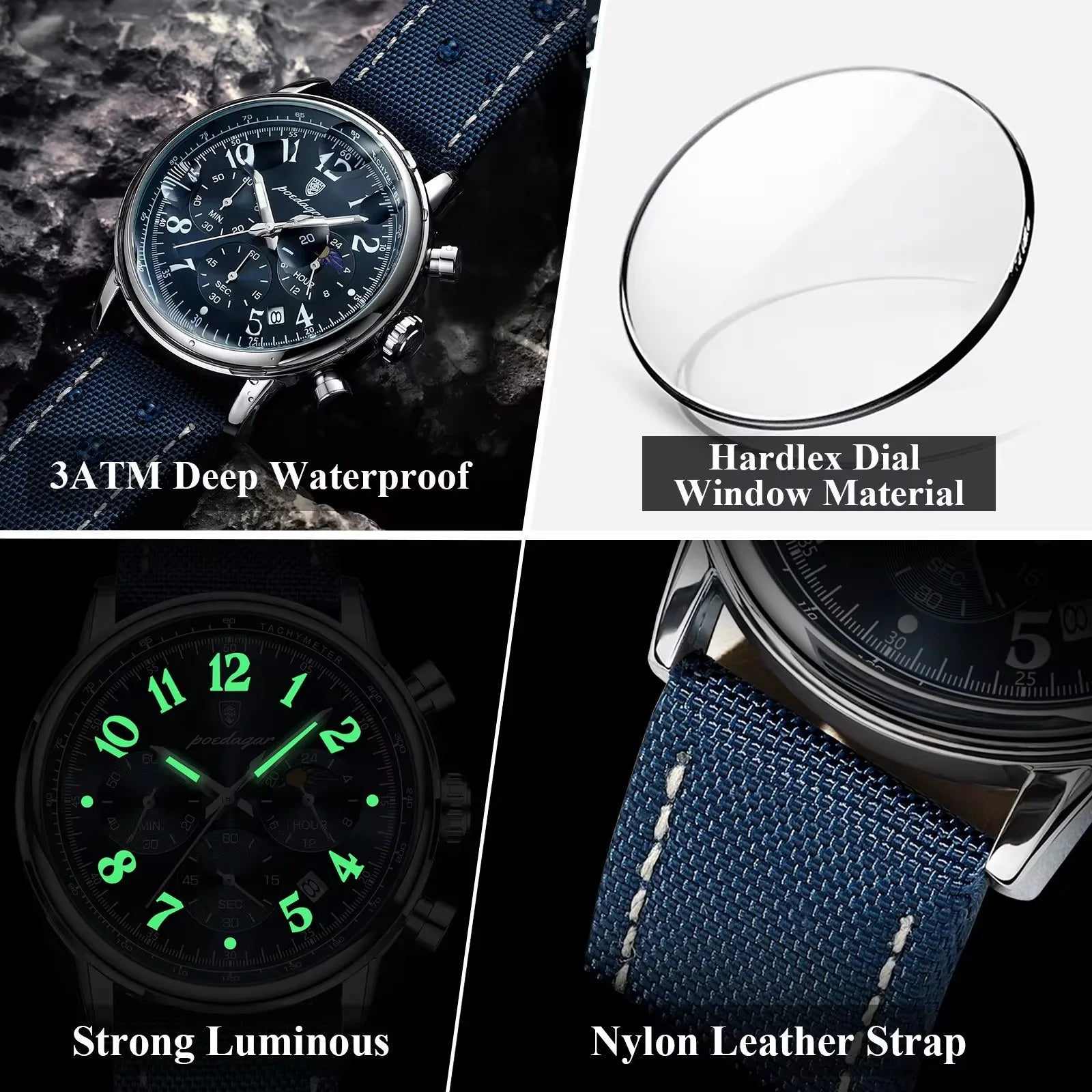 Luxury Silver Blue Quartz Chronograph Watch for Men