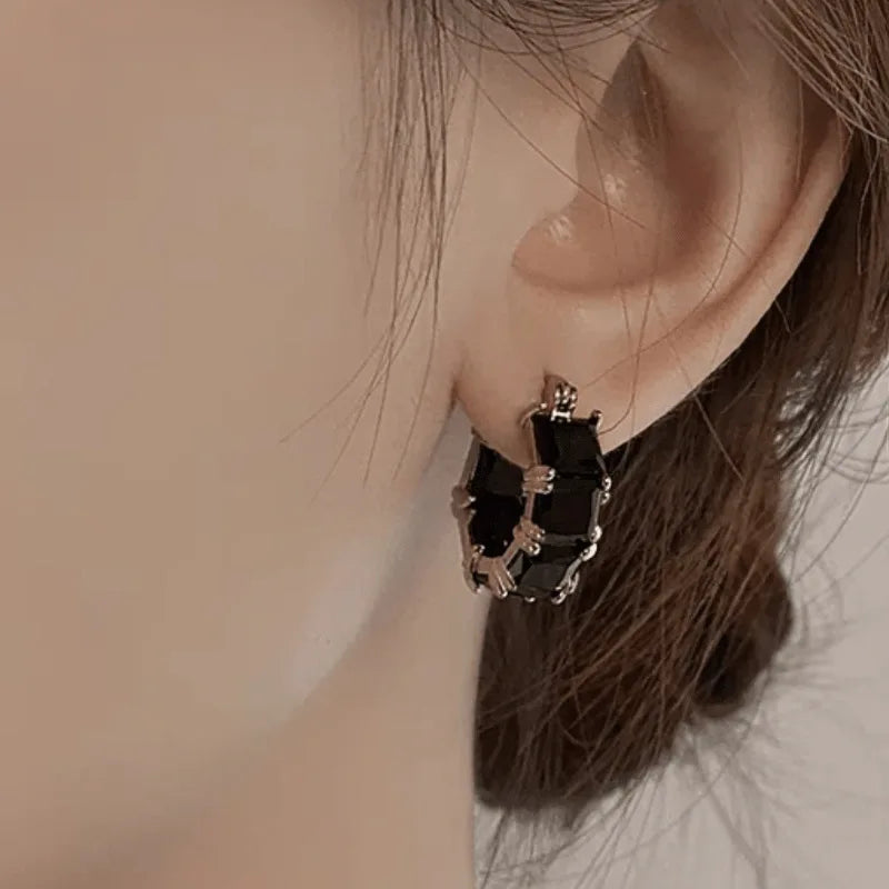Elegant Black Crystal Zirconia Hoop Earrings