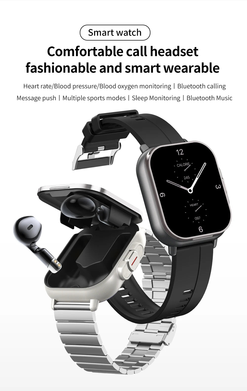Smart Watch D8E with Earbuds & Heart Rate Monitor