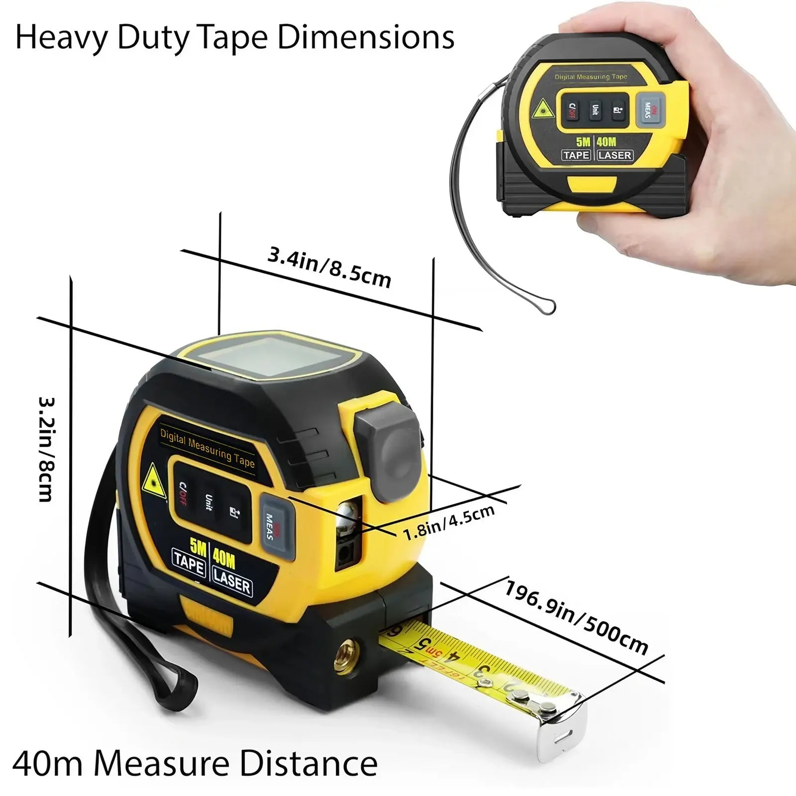 3 in 1 Laser Distance Meter  Digital Measuring Tool with Tape Measure for Distance, Area & Volume