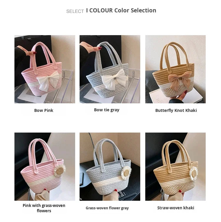 Handwoven Straw Shoulder Bag for Women Summer Beach Tote with Bow