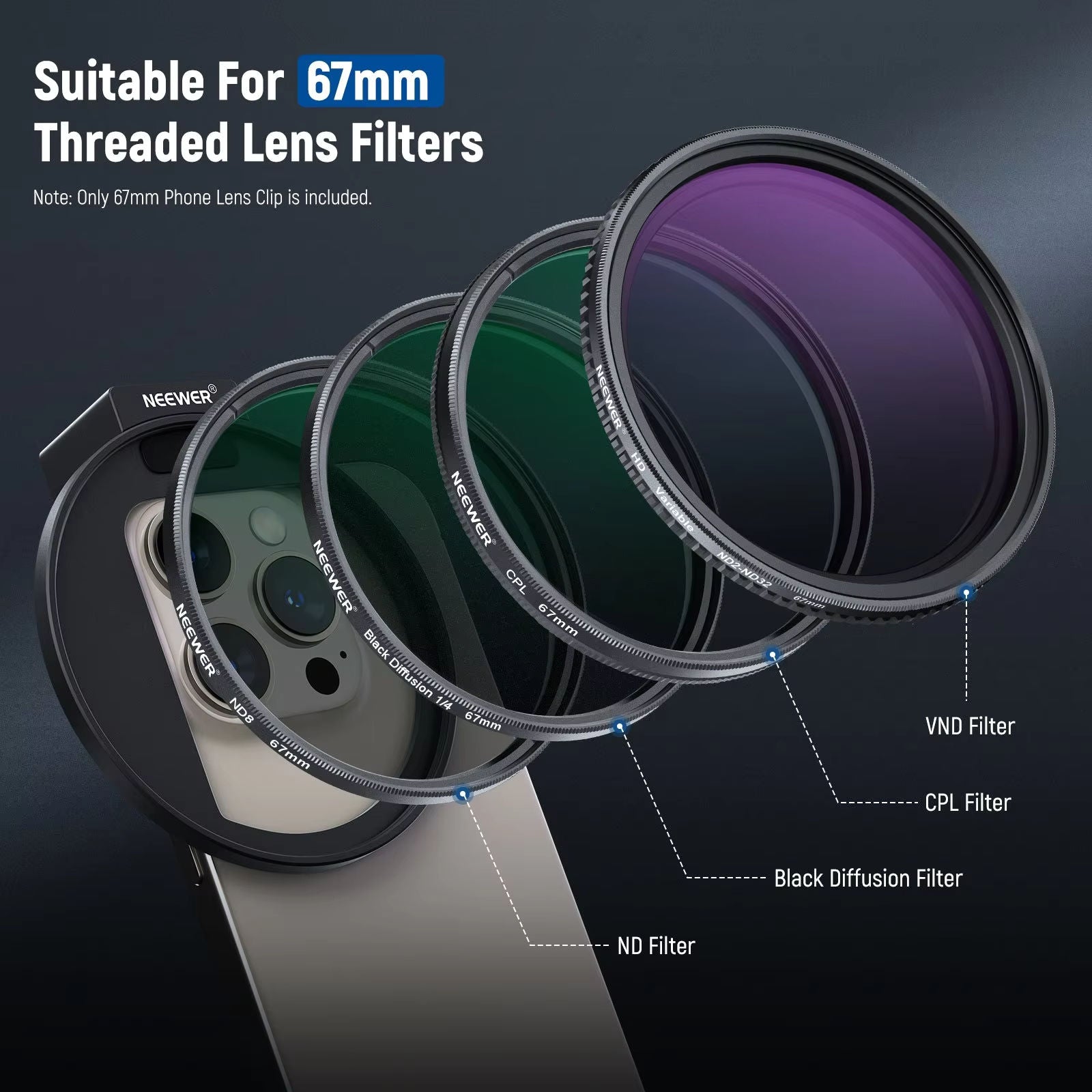NEEWER LA006 67mm Phone Filter Mount – Upgraded Clip with Cold Shoe Mount