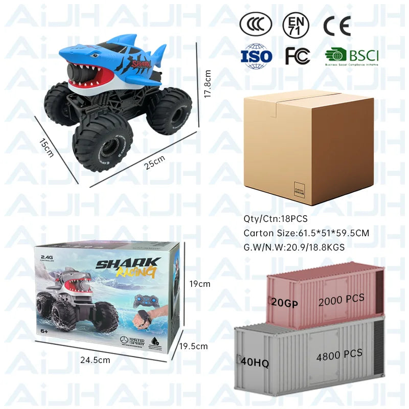 AiJH 2.4G Waterproof Remote Control Shark Car With Water Gun