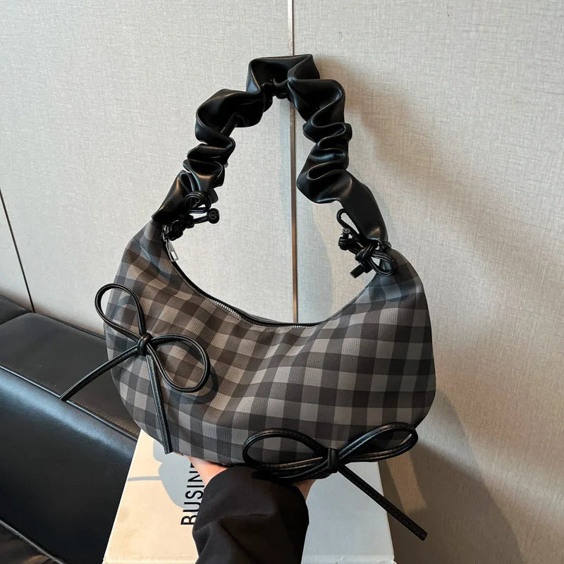 Niche Soft Ruched Zipper Bags New Summer Plaid Half Moon