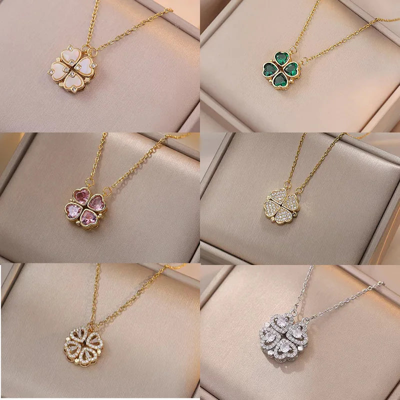 Luxury Gold Zircon Clover Heart Necklace