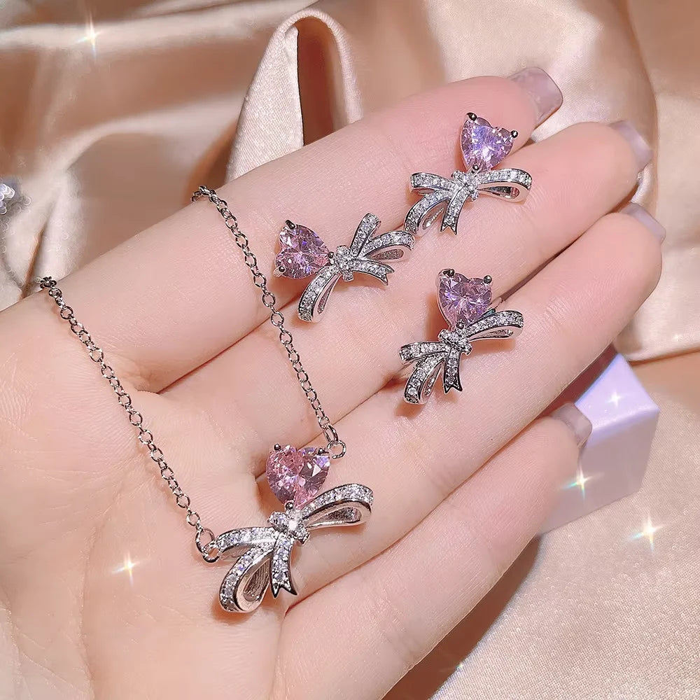 Luxurious Pink Zircon Bowknot Jewelry Set