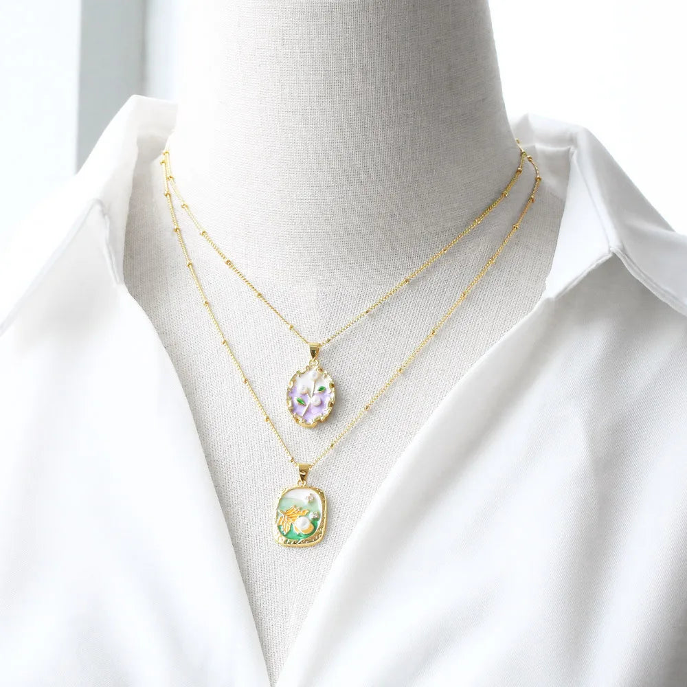 Elegant Oil Painting Necklace with Pearl Pendant