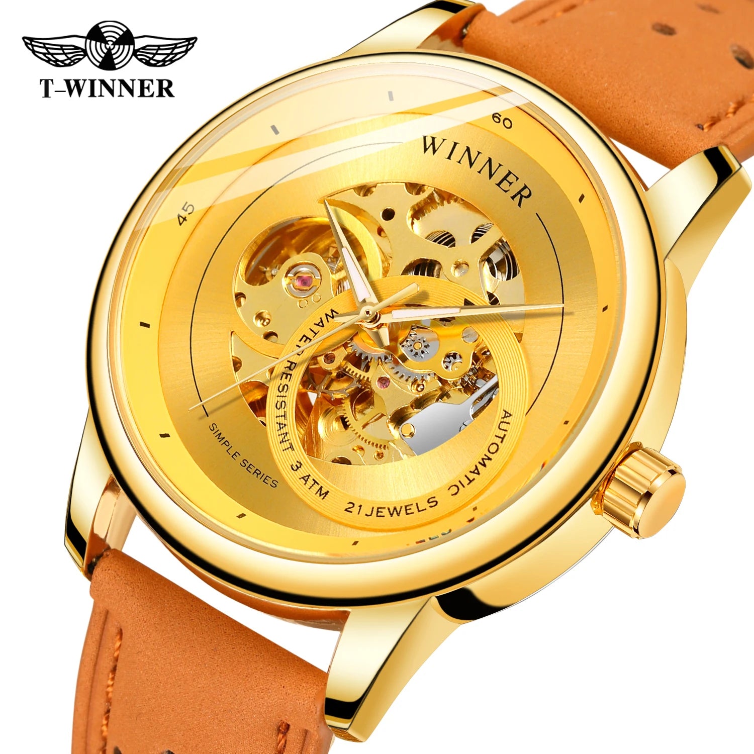 T-WINNER Gold Skeleton Men's Automatic Sport Watch