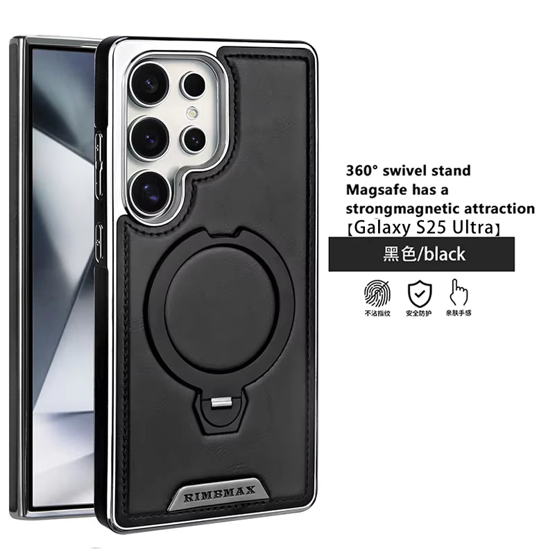 Plating PU Leather Samsung Case – Magnetic with 360° Metal Ring Stand
