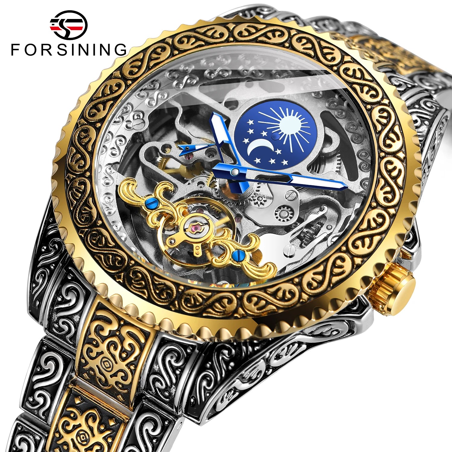 Forsining Skeleton Moonphase Stainless Steel Watch