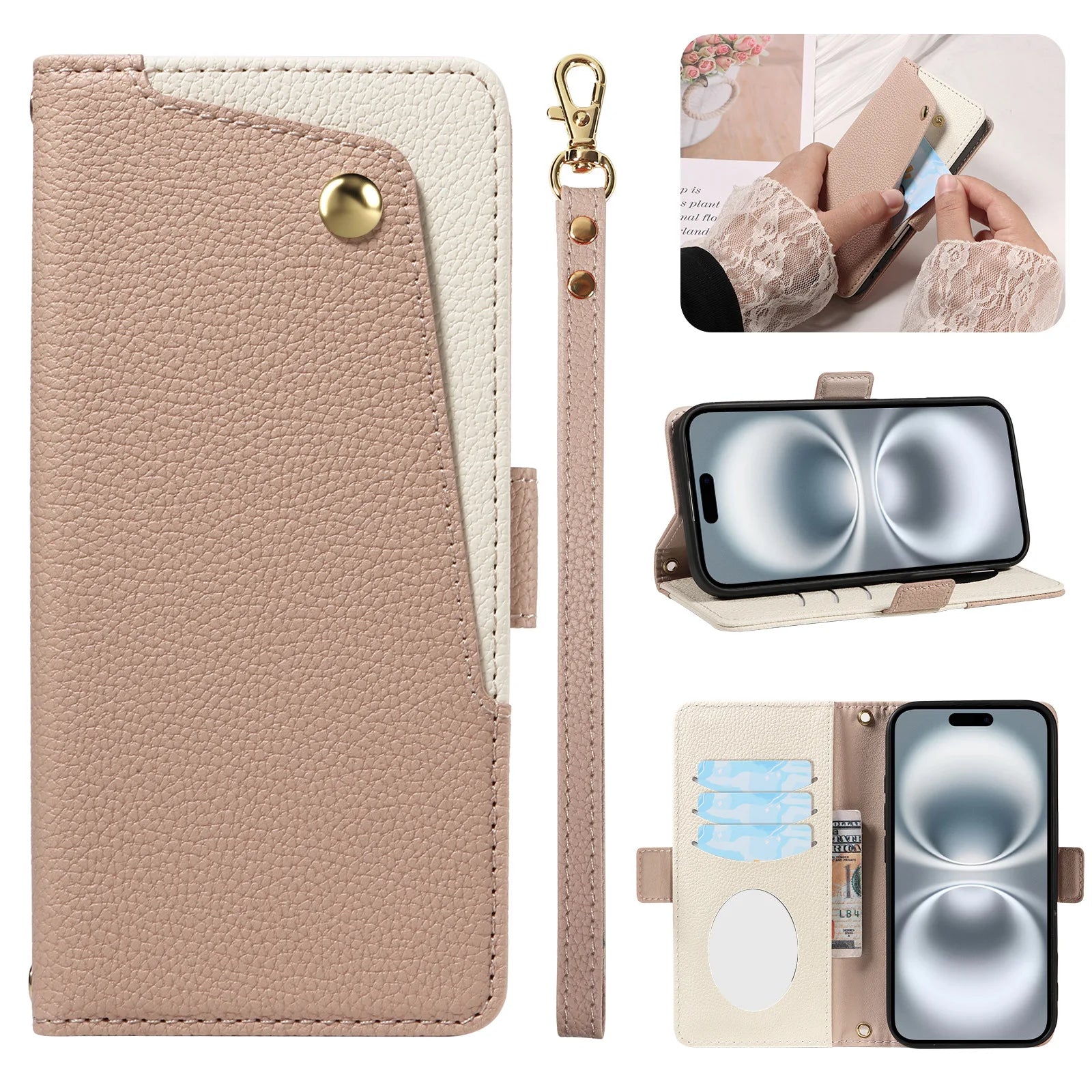 Luxury PU Leather Phone Case with Mirror for  iPhone