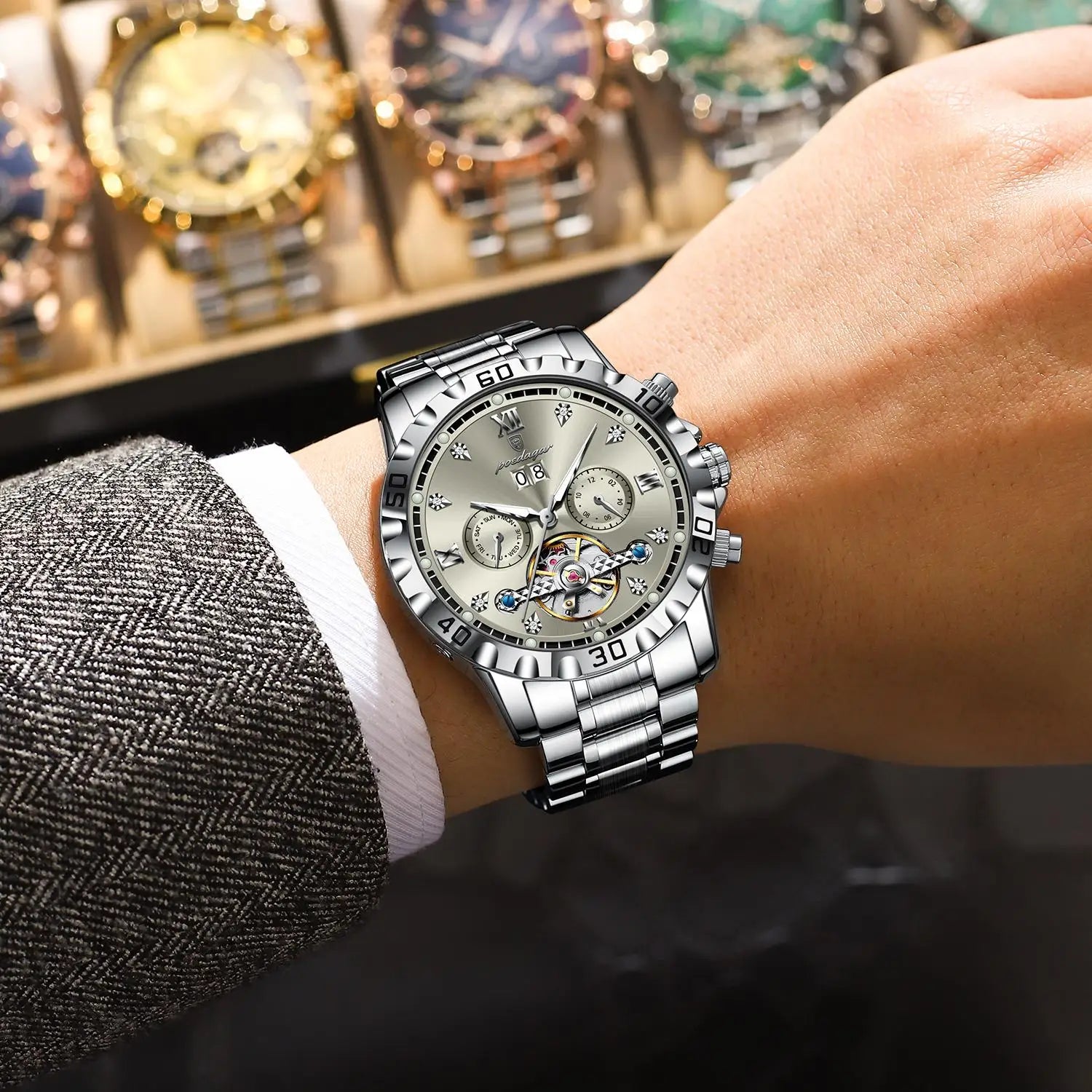 Poedagar Luxury Skeleton Tourbillon Men's Watch
