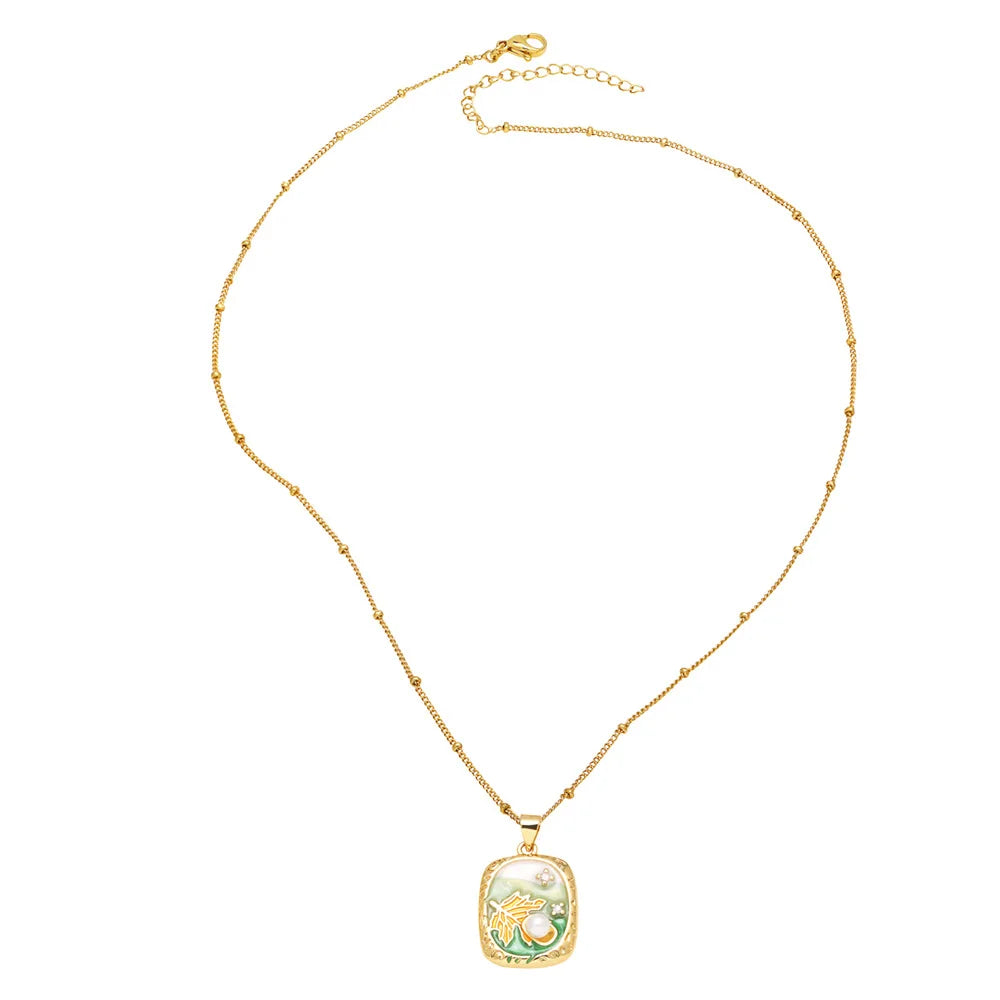 Elegant Oil Painting Necklace with Pearl Pendant