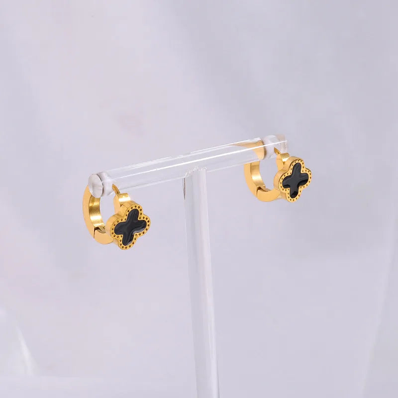 Diamond-Set Four-Leaf Stainless Steel Earrings