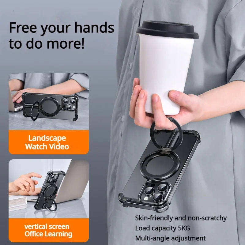 Luxury Aluminum Metal Magnetic Phone Case for iPhone with Ring Stand – Frameless Bumper Shockproof Back Cover