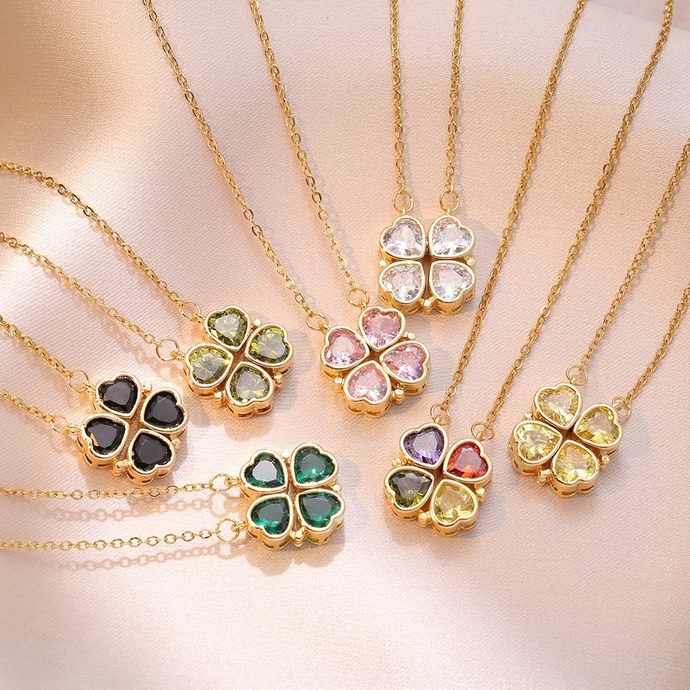 Luxury Gold Zircon Clover Heart Necklace