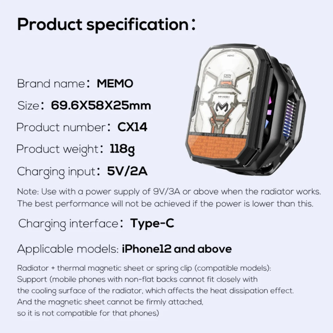 MEMO CX14 Black 2000mAh Battery Frozen Mobile Phone Cooler Lightest