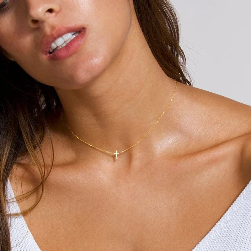 18K Gold Dainty Cross Pendant Necklace for Women
