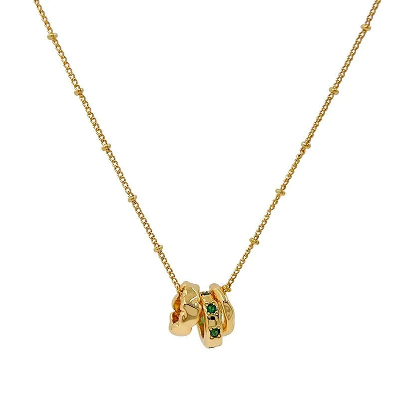 Brass Necklace with Green Zircon Triple Circle Pendant