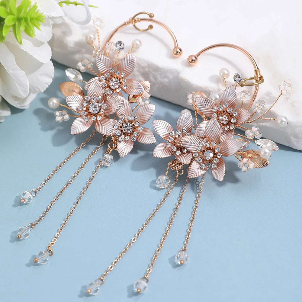 Elegant Metal Leaf Tassel Earrings for Brides