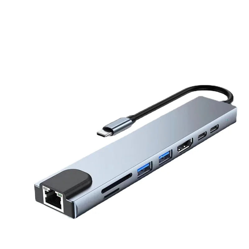 8 in 1 Type-C Hub with RJ45 LAN USB-C to HDTV SD/TF USB 3.0 & PD
