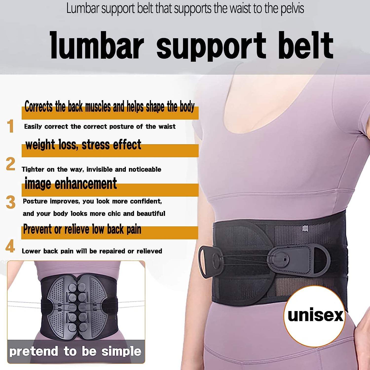 FSPG Adjustable Pulley Back Support Belt – Lower Back Pain Relief Waist Brace with Drawstring Compression System