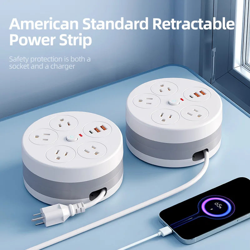 ROUND POWER SOCKET RETRACTABLE EXTENSION CORD 4AC 3USB US TYPE POWER S ...