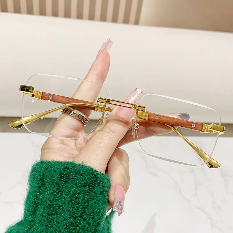 Wood Grain Temple Metal Rimless Sunglasses