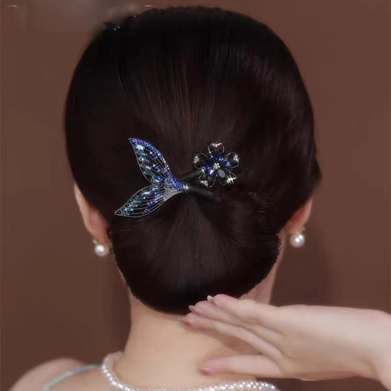 Blue Rhinestone Feather Hair Bun Maker for Women