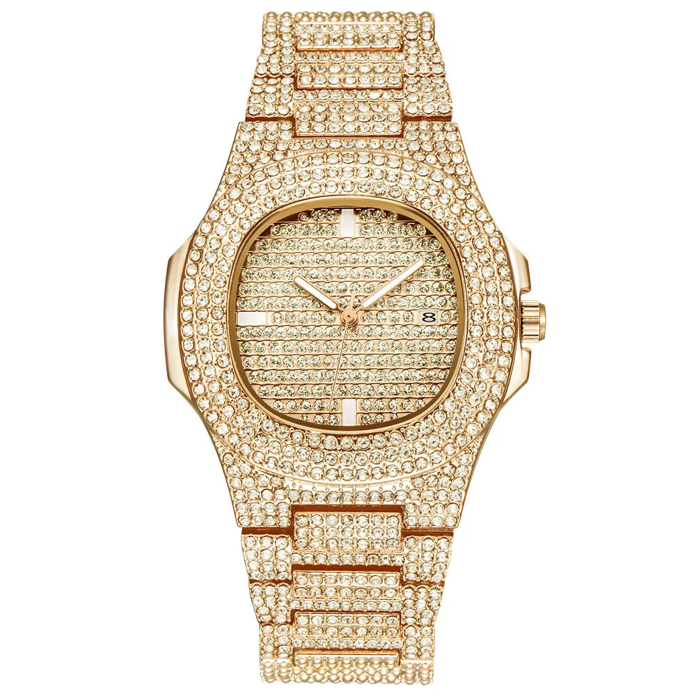 43MM Gold Silver Custom Logo Iced Out Quartz Watch